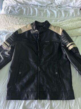 HALO Black Leather Performance Jacket with Cream Shoulder and Sleeve Accents